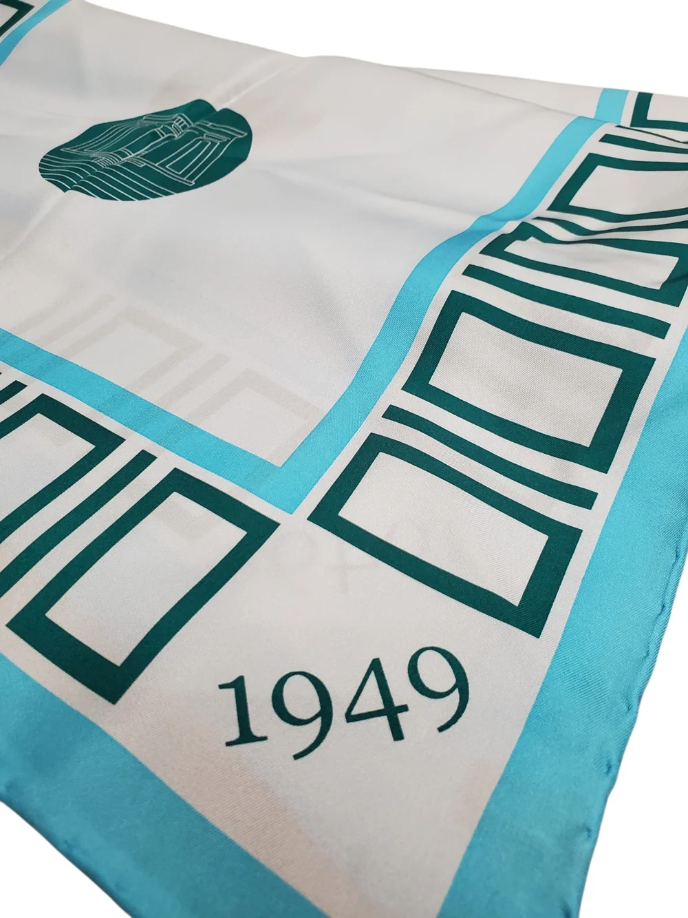 Vntg 100% Silk Scarf Geometric MCM Space Age 1949 Graphic Turquoise Blue. Korea - Picture 8 of 10